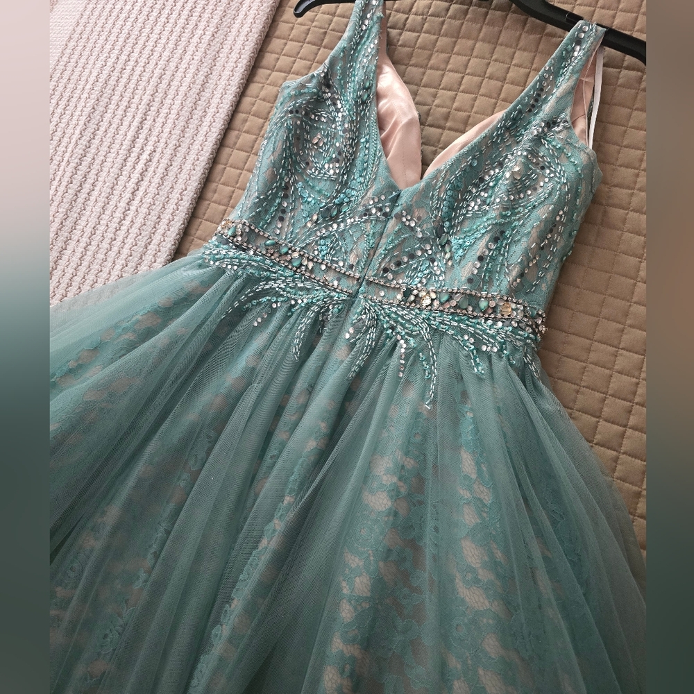 Camille La Vie Green Sequin Halter Gown